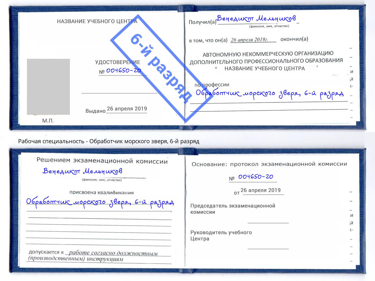 корочка 6-й разряд Обработчик морского зверя Шебекино