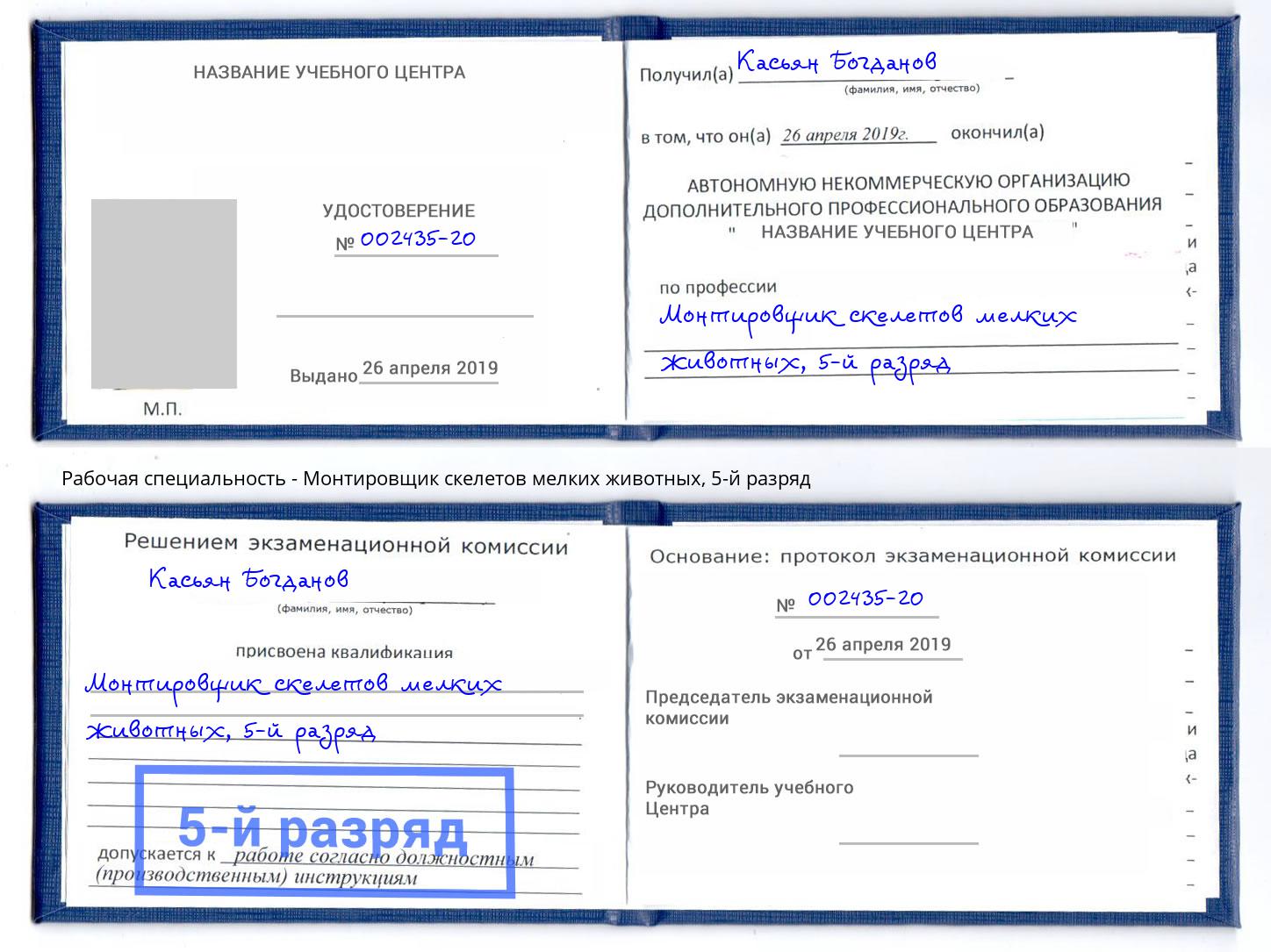 корочка 5-й разряд Монтировщик скелетов мелких животных Шебекино