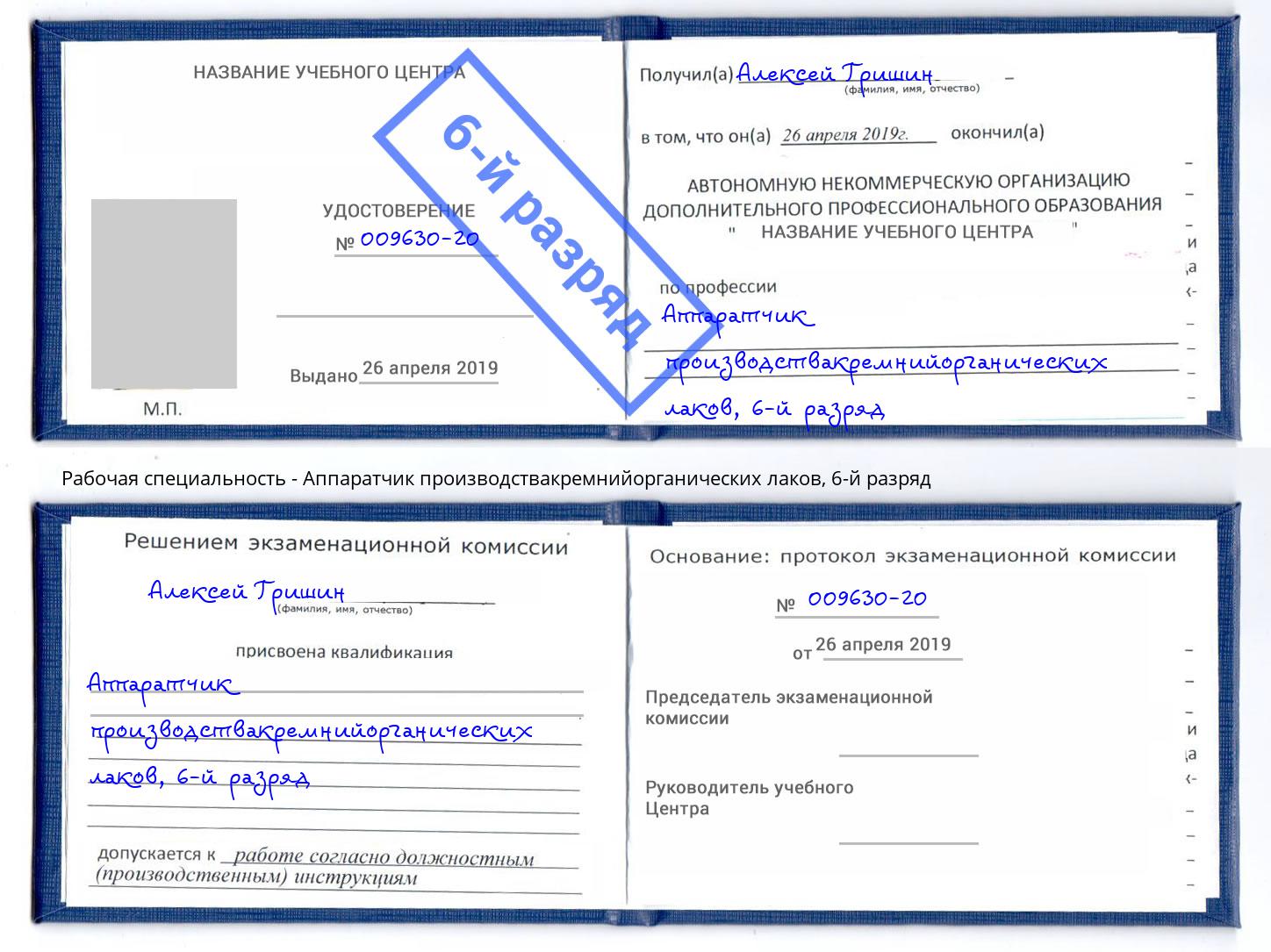 корочка 6-й разряд Аппаратчик производствакремнийорганических лаков Шебекино