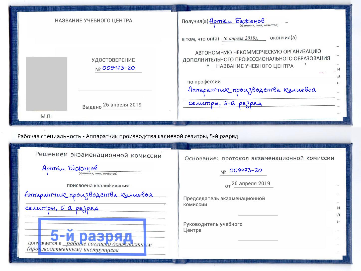 корочка 5-й разряд Аппаратчик производства калиевой селитры Шебекино