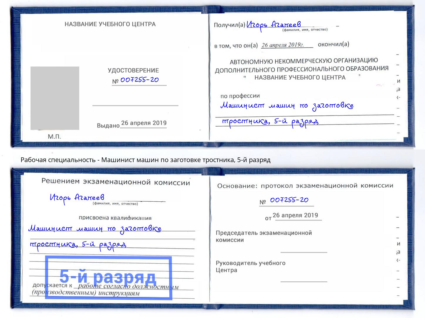 корочка 5-й разряд Машинист машин по заготовке тростника Шебекино