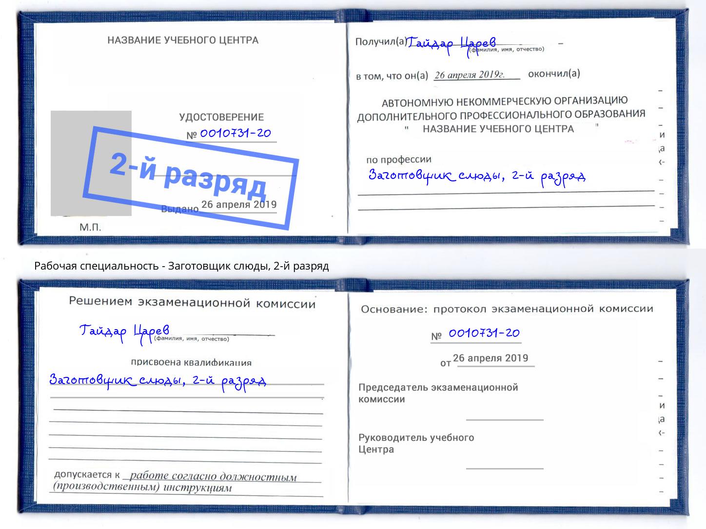 корочка 2-й разряд Заготовщик слюды Шебекино