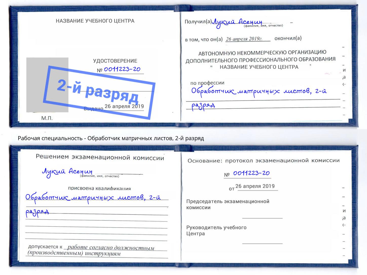корочка 2-й разряд Обработчик матричных листов Шебекино