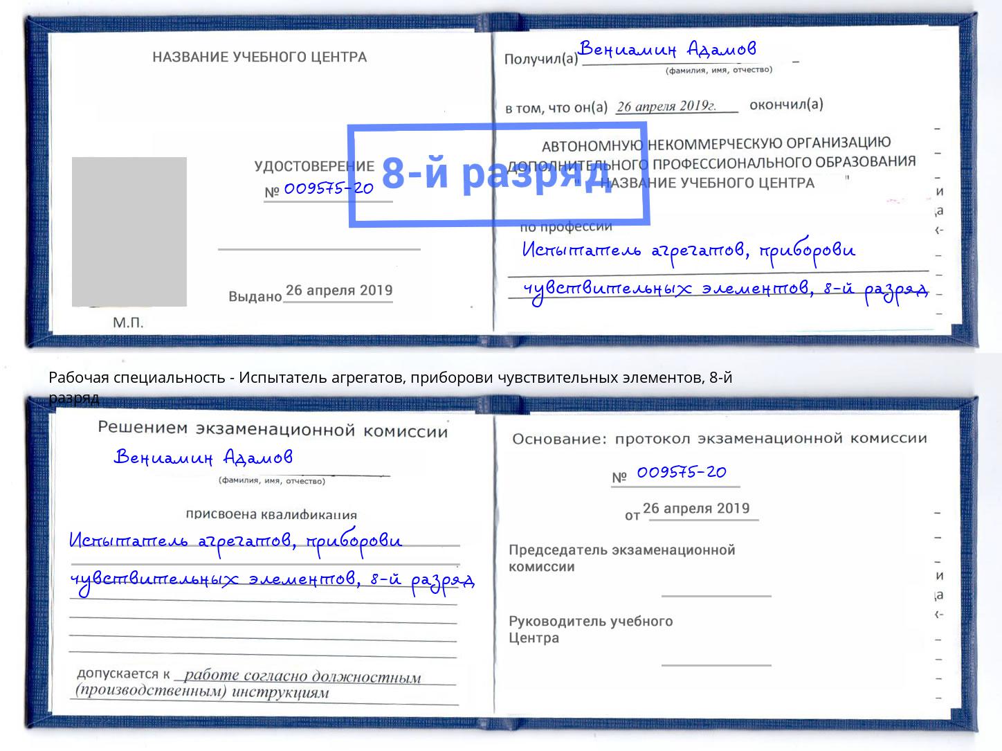 корочка 8-й разряд Испытатель агрегатов, приборови чувствительных элементов Шебекино